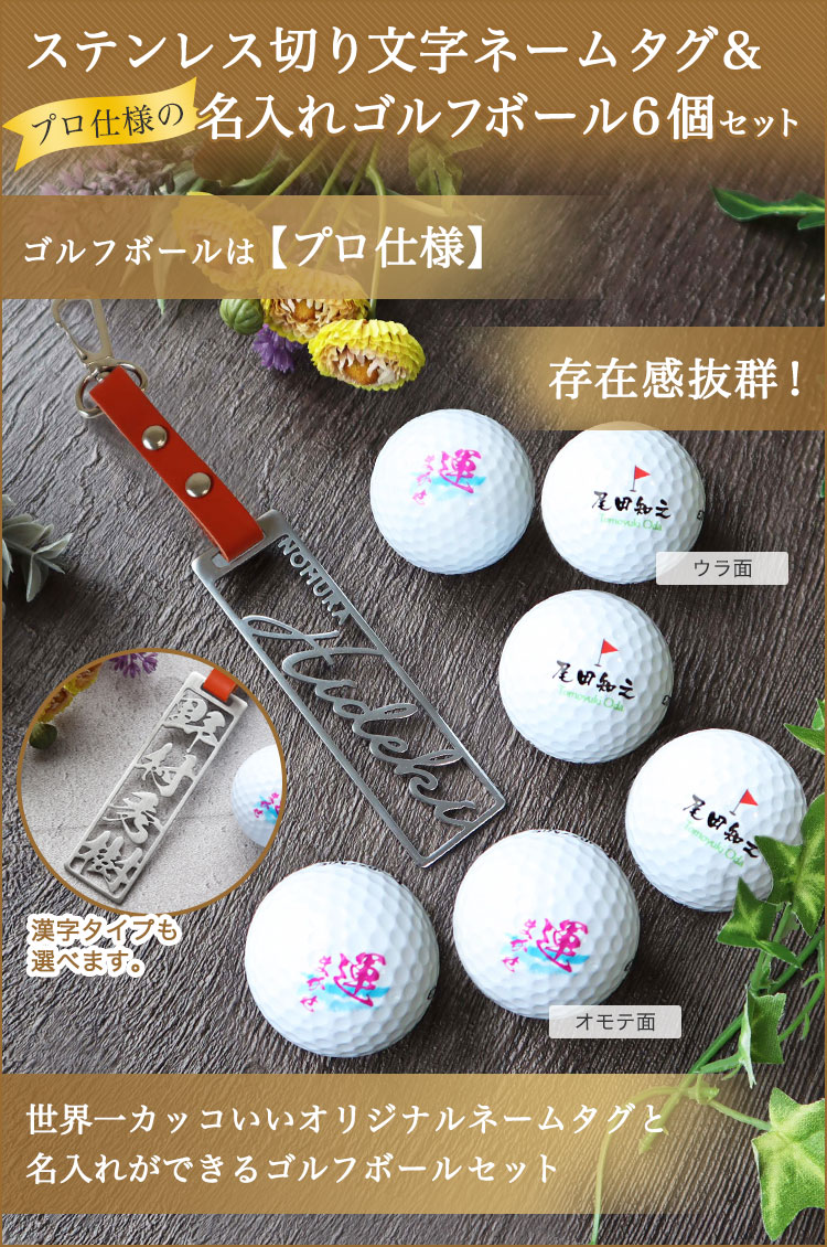 ステンレス切り文字 ネームタグ＆プロ仕様名入れゴルフボール6個セット